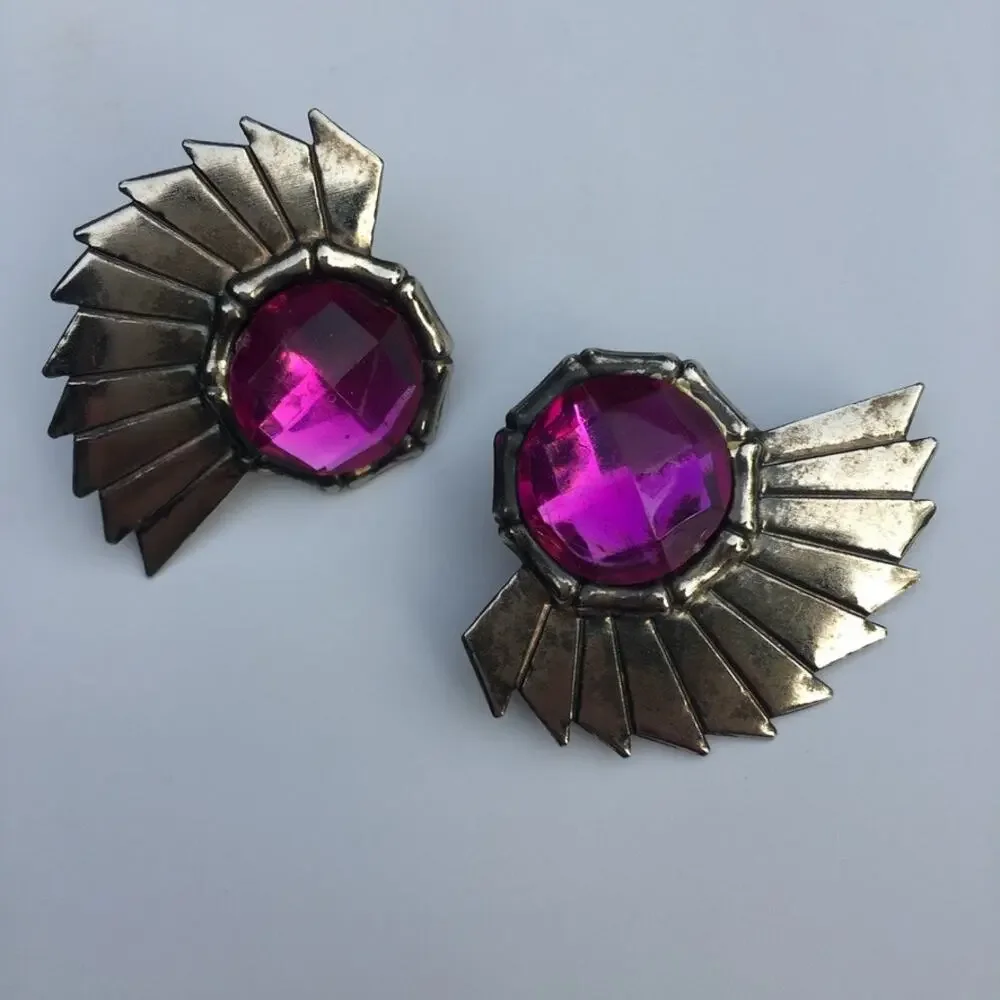 80s style purple accent chrome wing post earrings